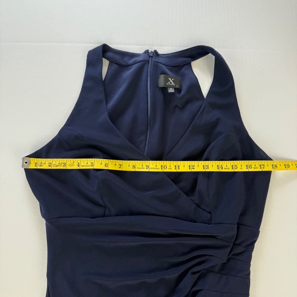 X by Xscape Navy Blue Ruched V-Neck Sheath Cocktail Dress Womens Size 12 - Picture 6 of 8